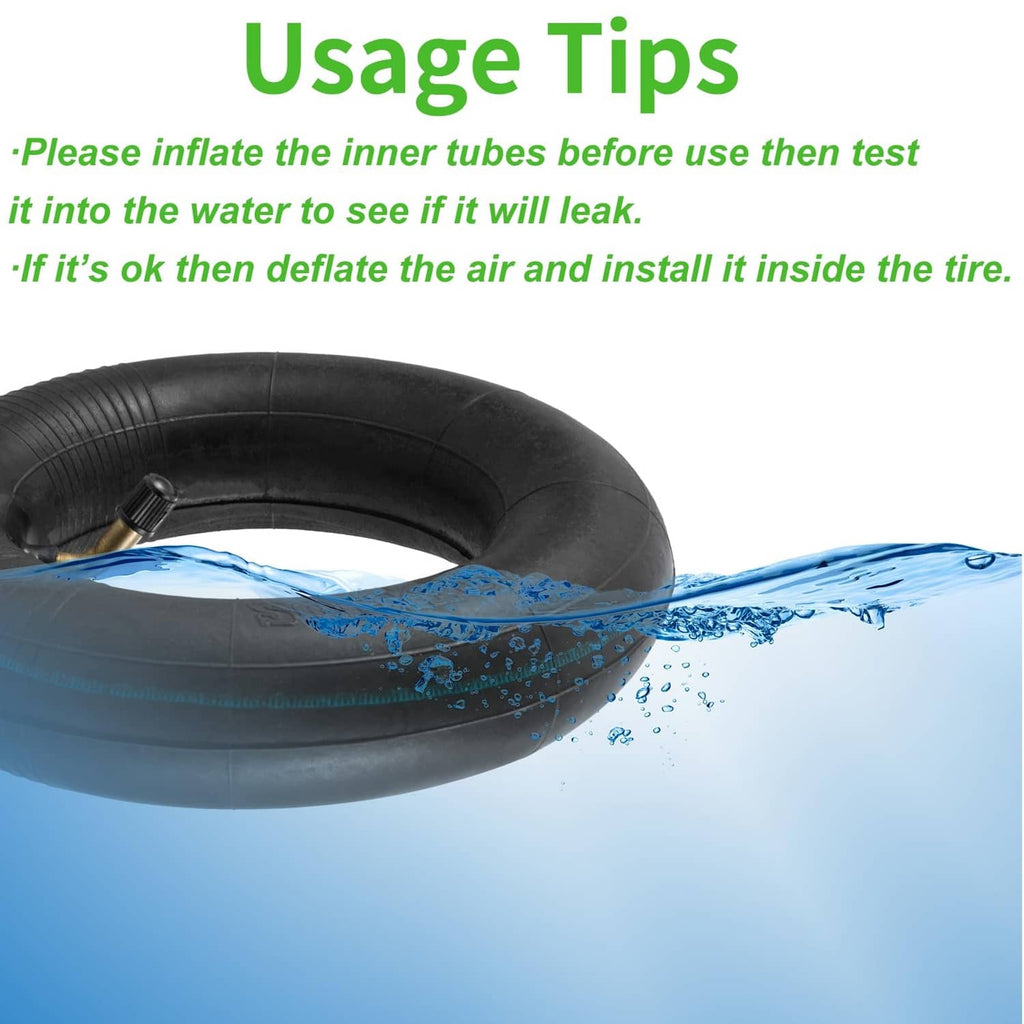 Black inner tube with bent valve stem submerged in water for leak test