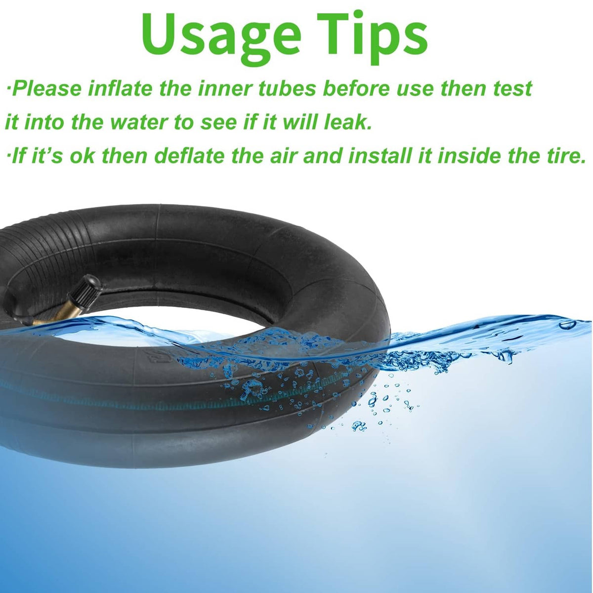 Black inner tube with bent valve stem submerged in water for leak test