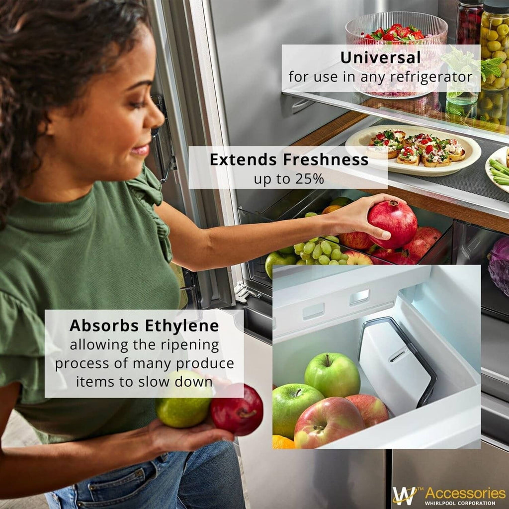 Refrigerator produce drawer insert holding apples, pears, and grapes