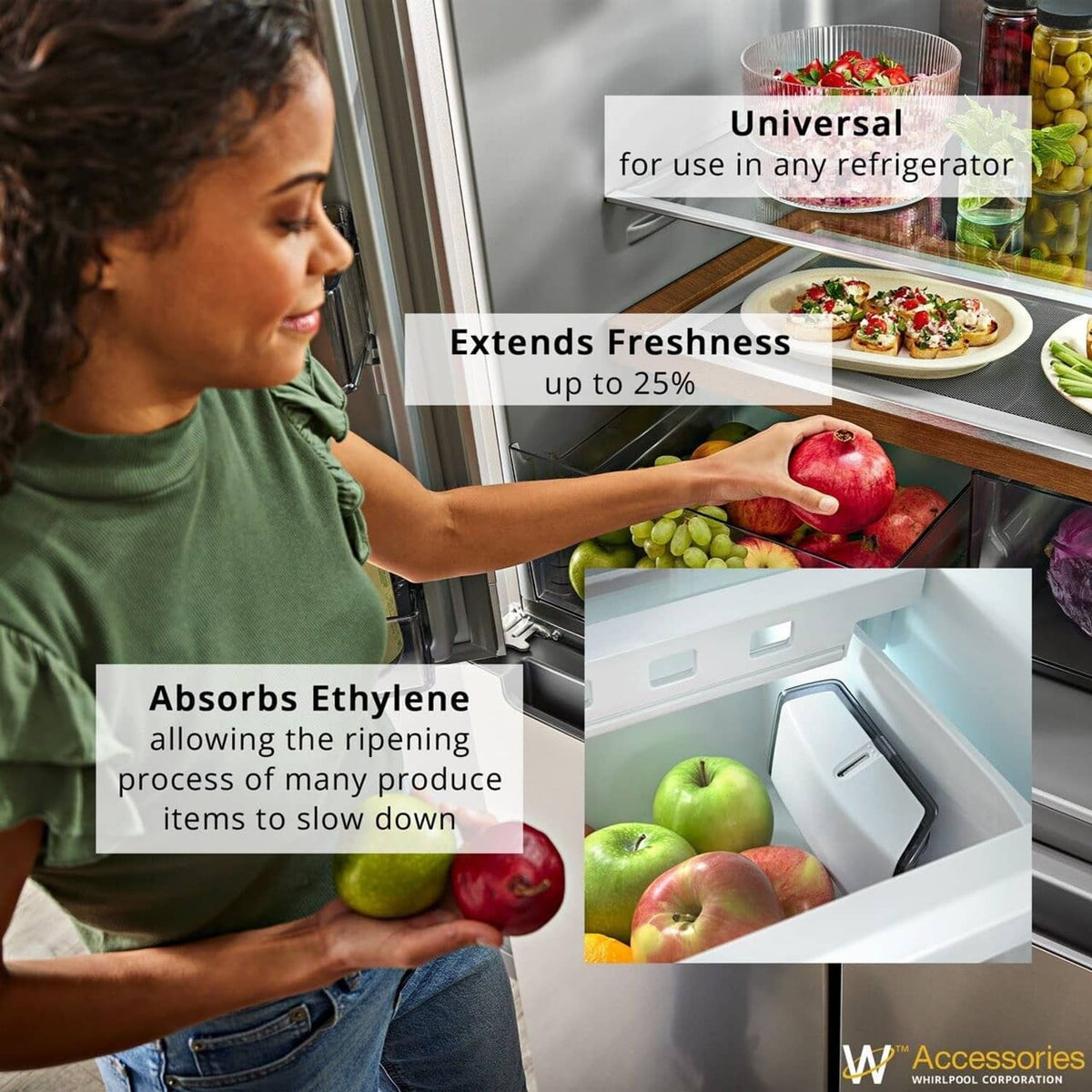 Refrigerator produce drawer insert holding apples, pears, and grapes