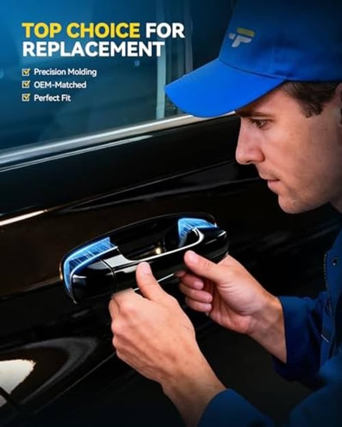 Technician installing a black exterior door handle on a vehicle door opening.
