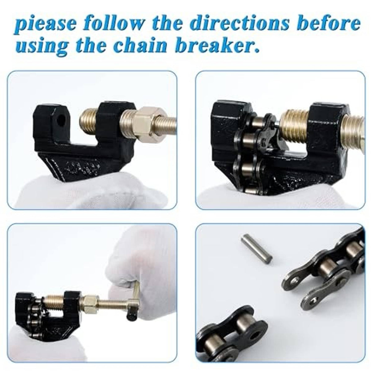 Motorcycle chain breaker tool with black frame, brass screw, and link disassembly guide