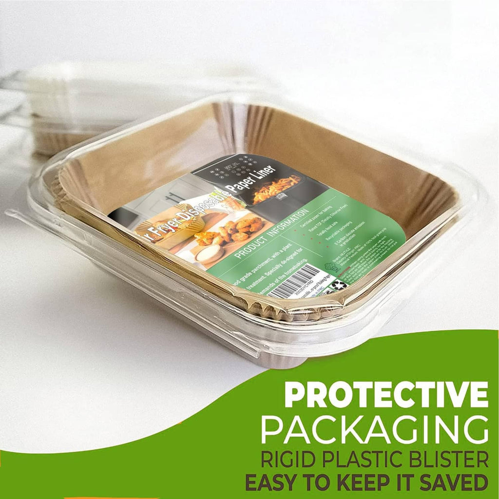 Square natural paper air fryer liner in clear rigid plastic blister packaging