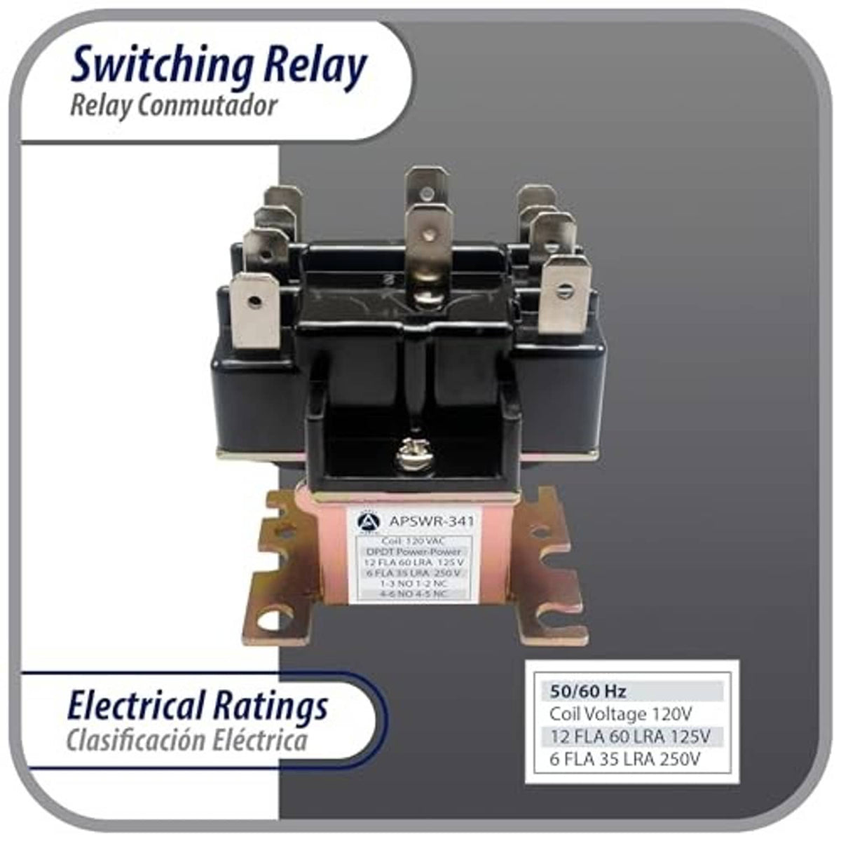General-purpose switching relay with black housing, mounting tabs, and terminal wiring base