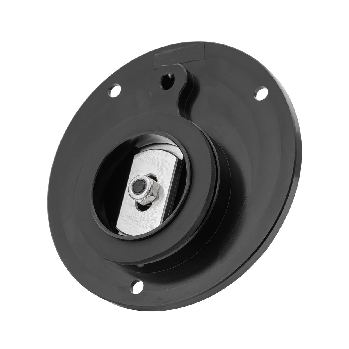 Black fuel tank cap with metal lock cylinder and mounting holes, top view