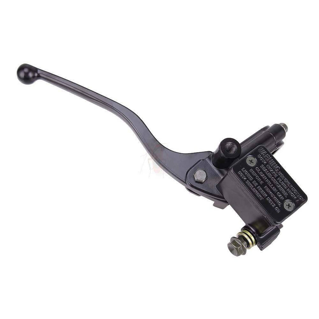 Black brake master cylinder with curved lever and front reservoir outlet bolt