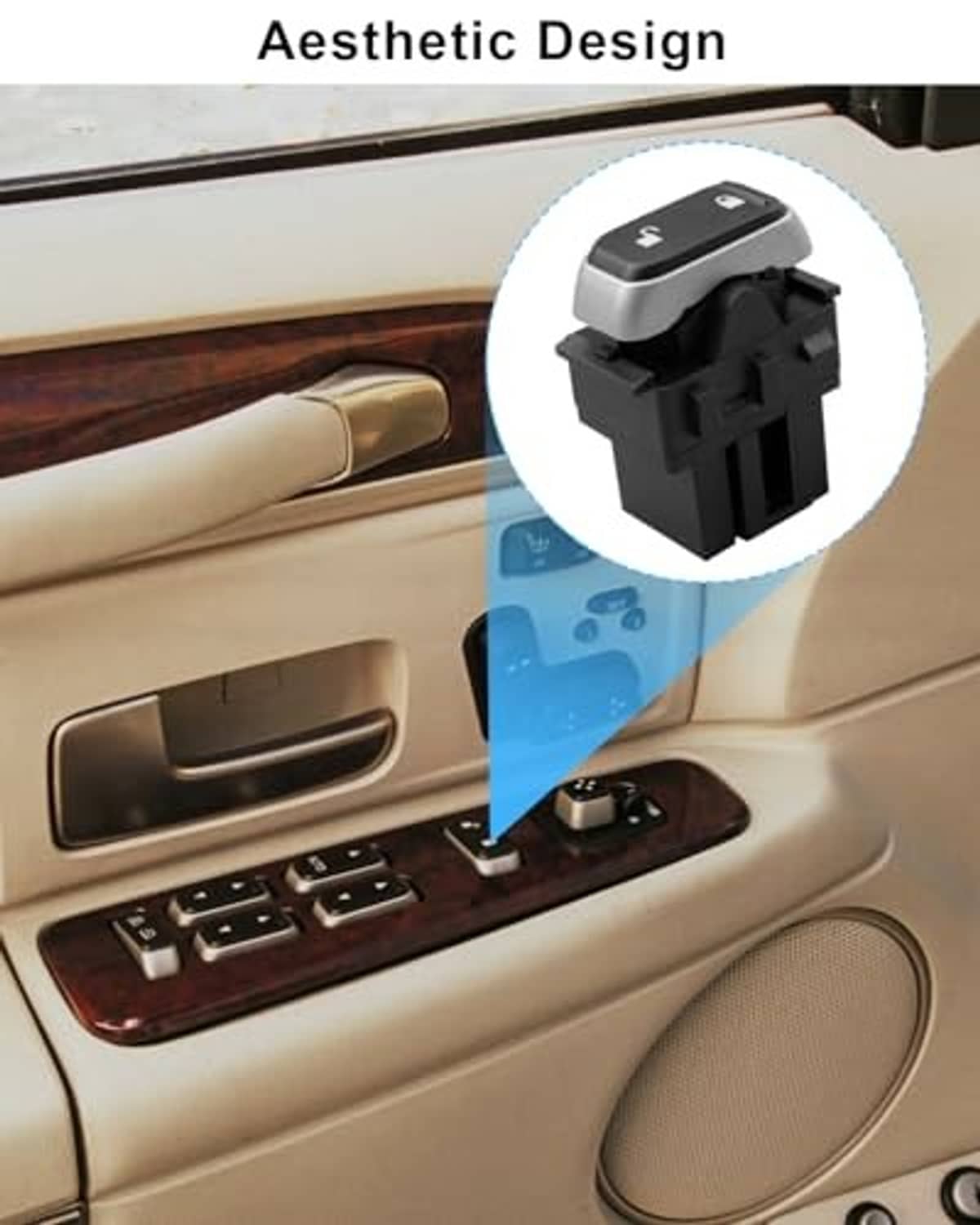 Power door lock and window switch assembly, black switch on car door trim with gray bezel