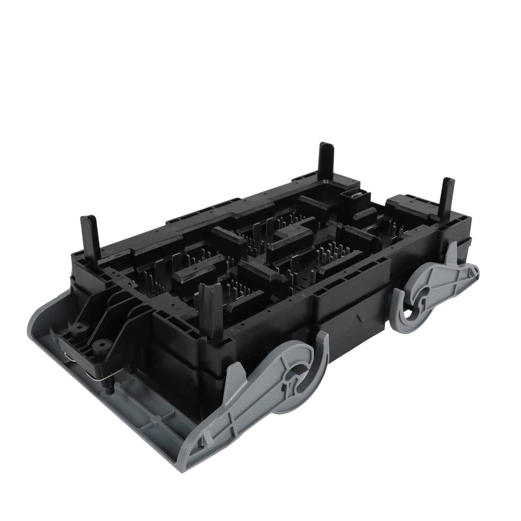 Vehicle fuse relay junction block internal base with mounting holes and connector ports