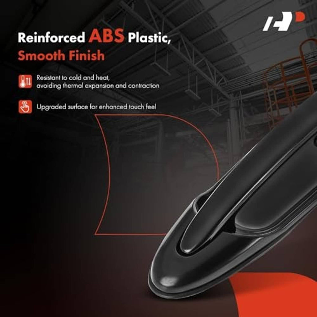 Front right exterior door handle with smooth black finish, reinforced ABS plastic
