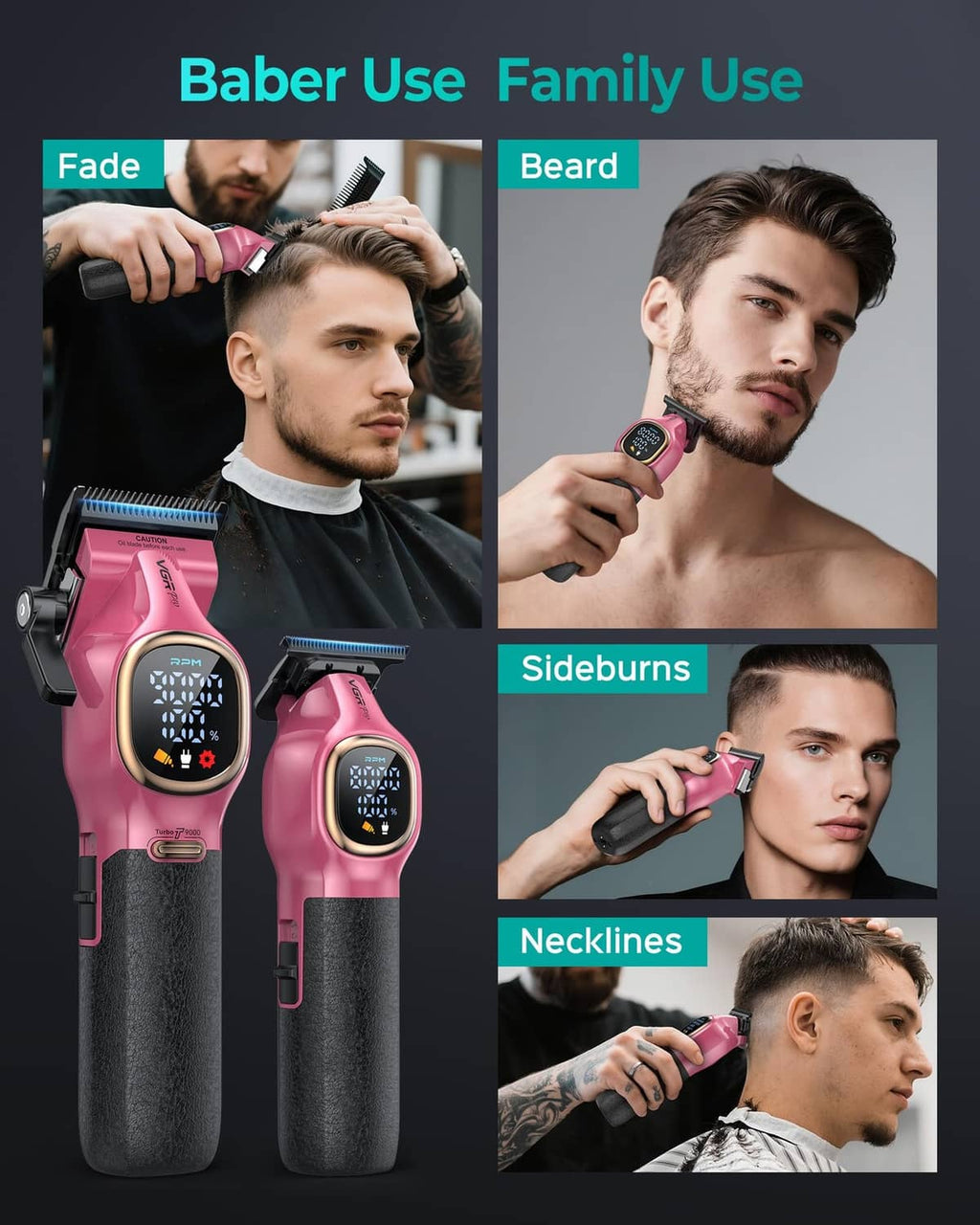 Pink hair clipper in use on hair, beard, sideburns, and neckline grooming