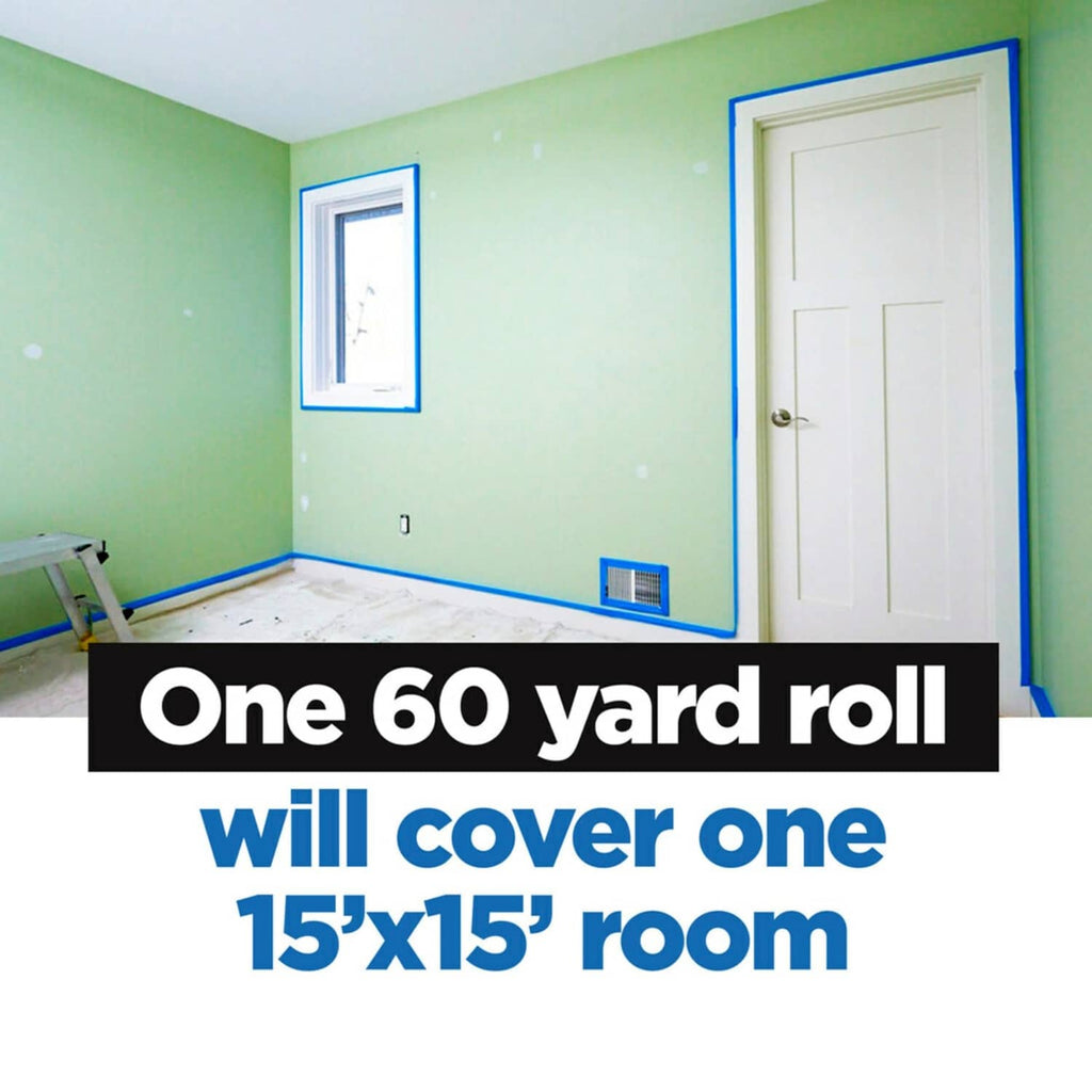 Blue painter's tape masking room edges along window trim and baseboard