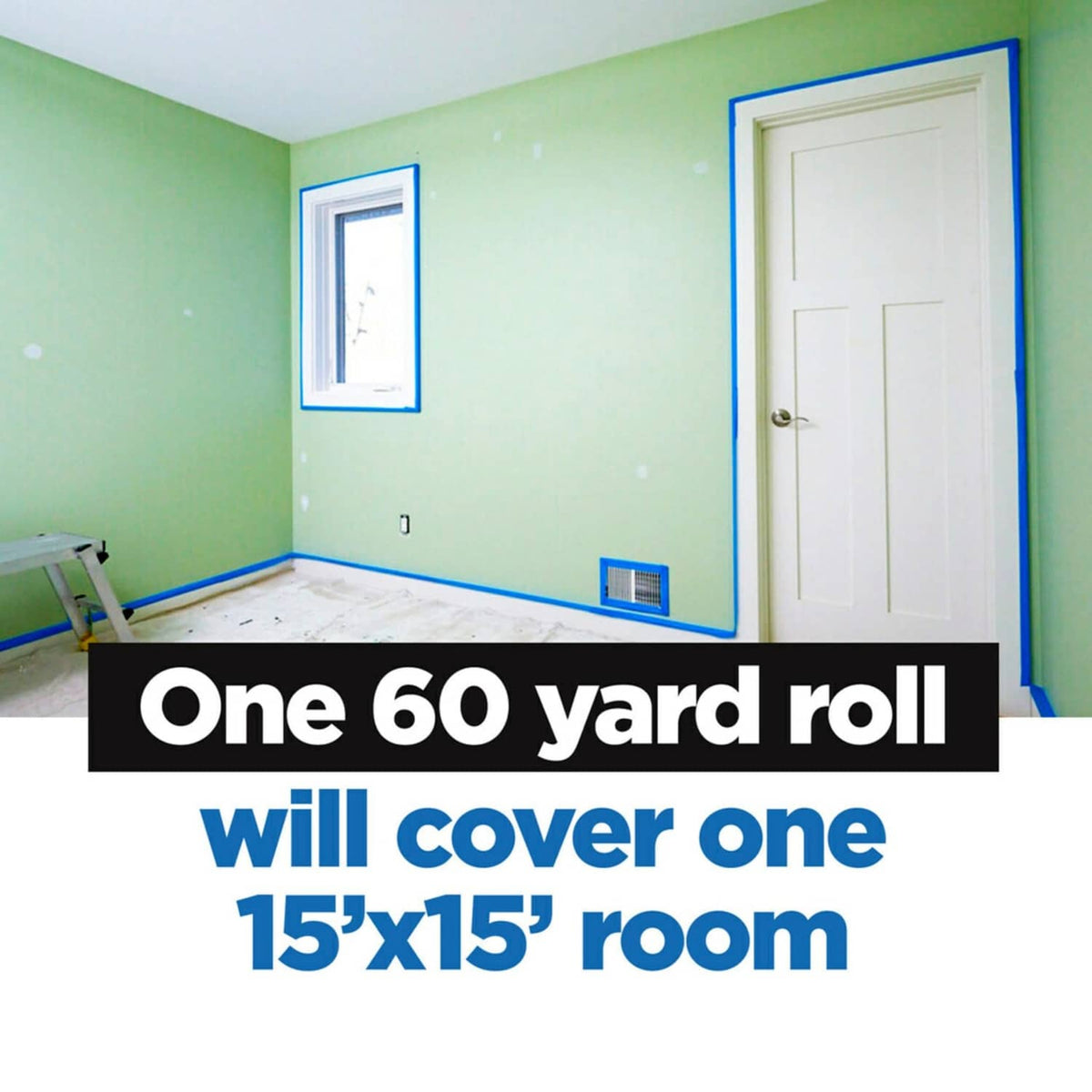 Blue painter's tape masking room edges along window trim and baseboard