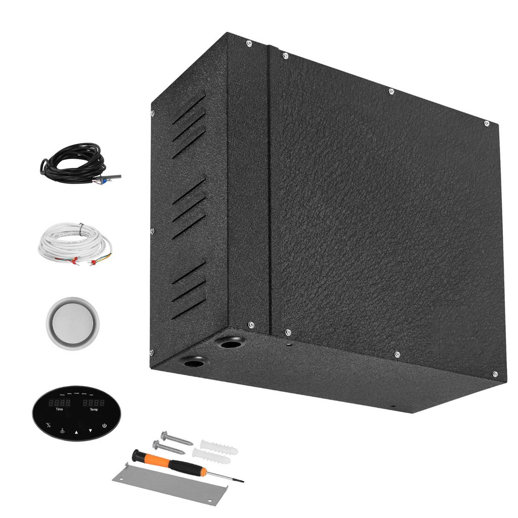 Steam generator controller unit, matte black metal box with vented side panel