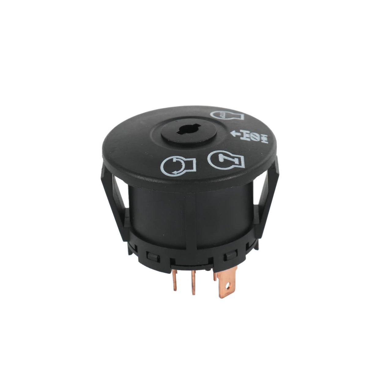 Ignition switch starter with black round housing and two electrical pins on bottom