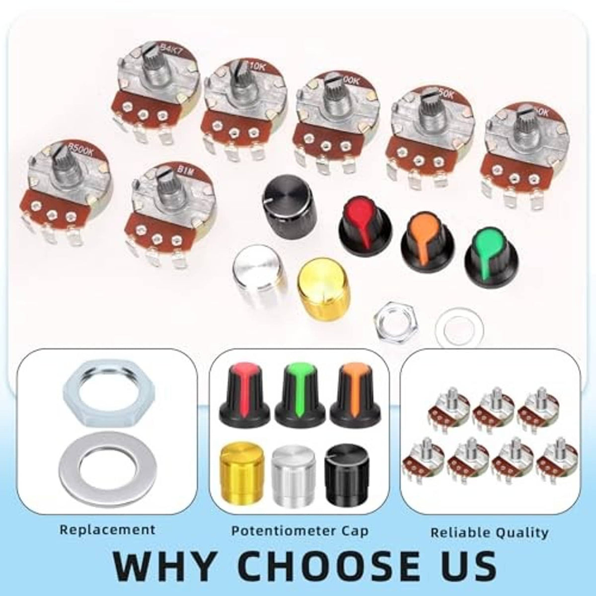 Single-turn potentiometers with colored caps, metal shafts, and mounting gaskets