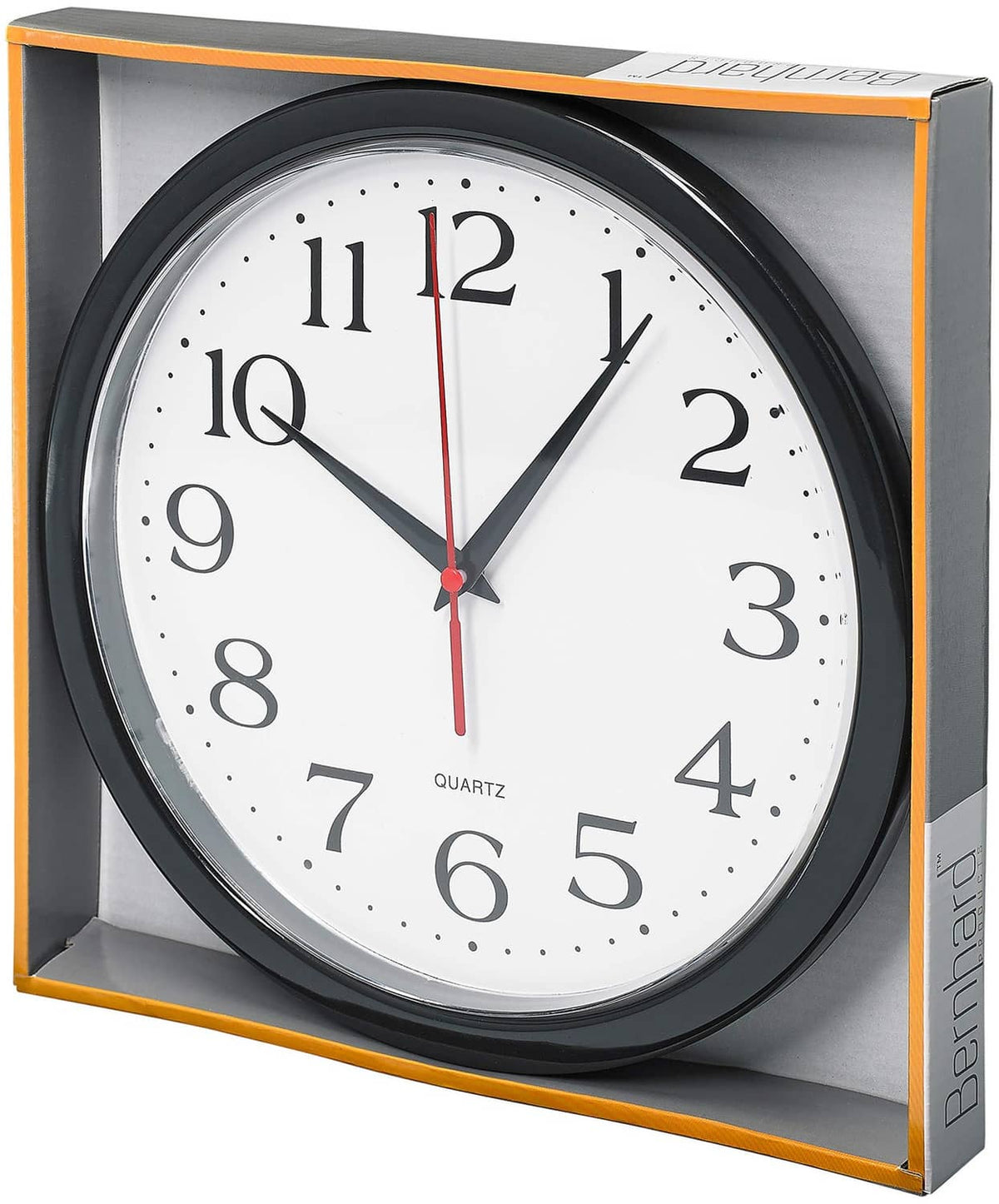 Black 10-inch wall clock in retail display box with white dial and red second hand