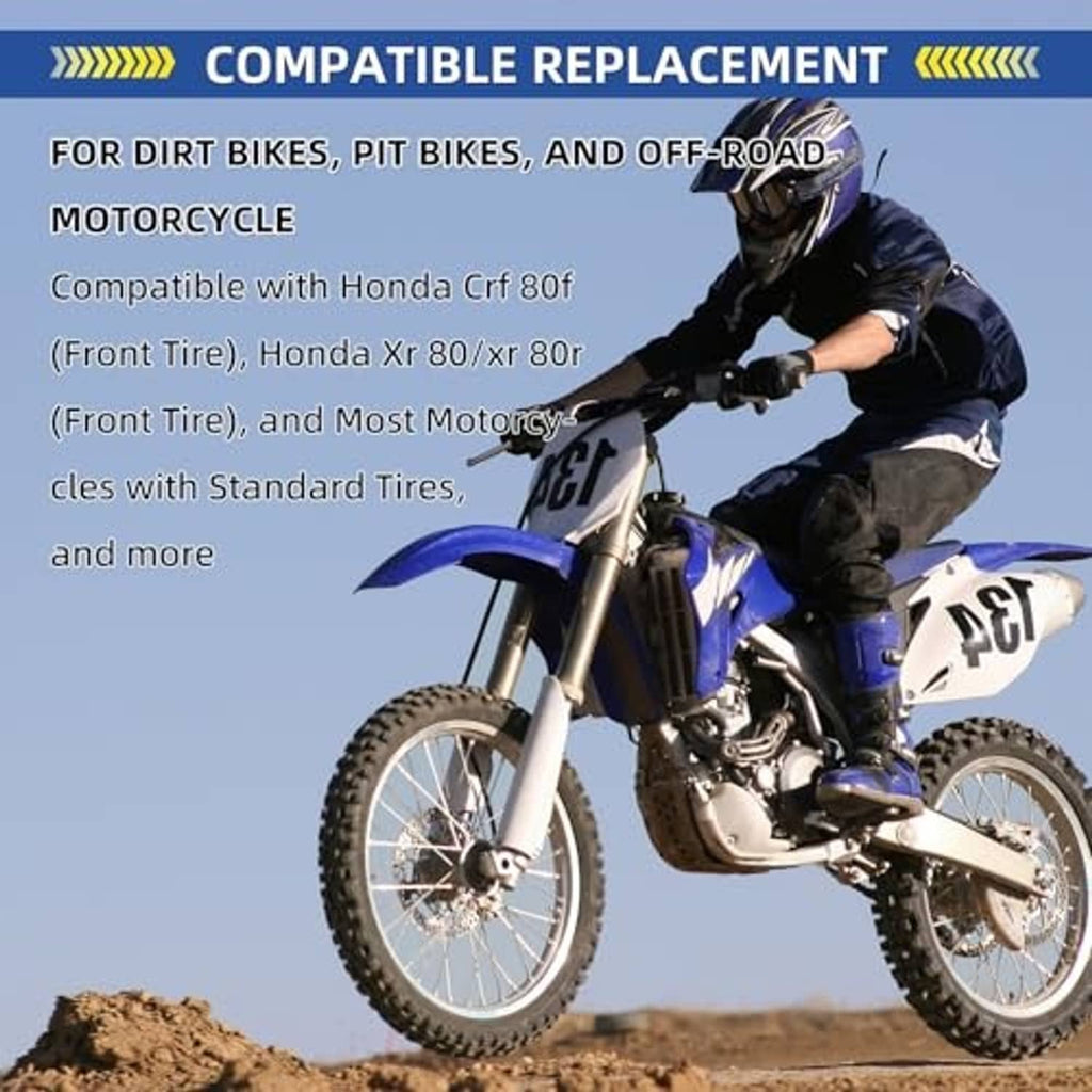 Black dirt bike inner tube compatible for off-road riding, shown with a motocross bike