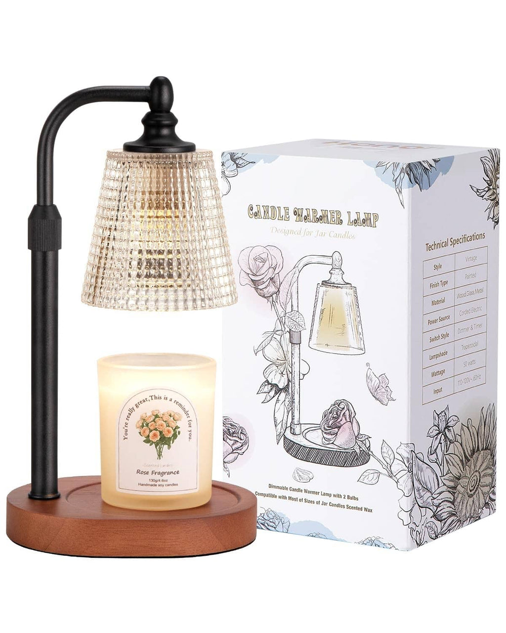 Candle warmer lamp with black shade and walnut base, lit jar candle and product box