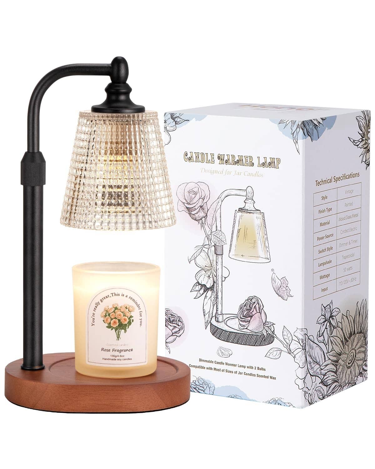 Candle warmer lamp with black shade and walnut base, lit jar candle and product box