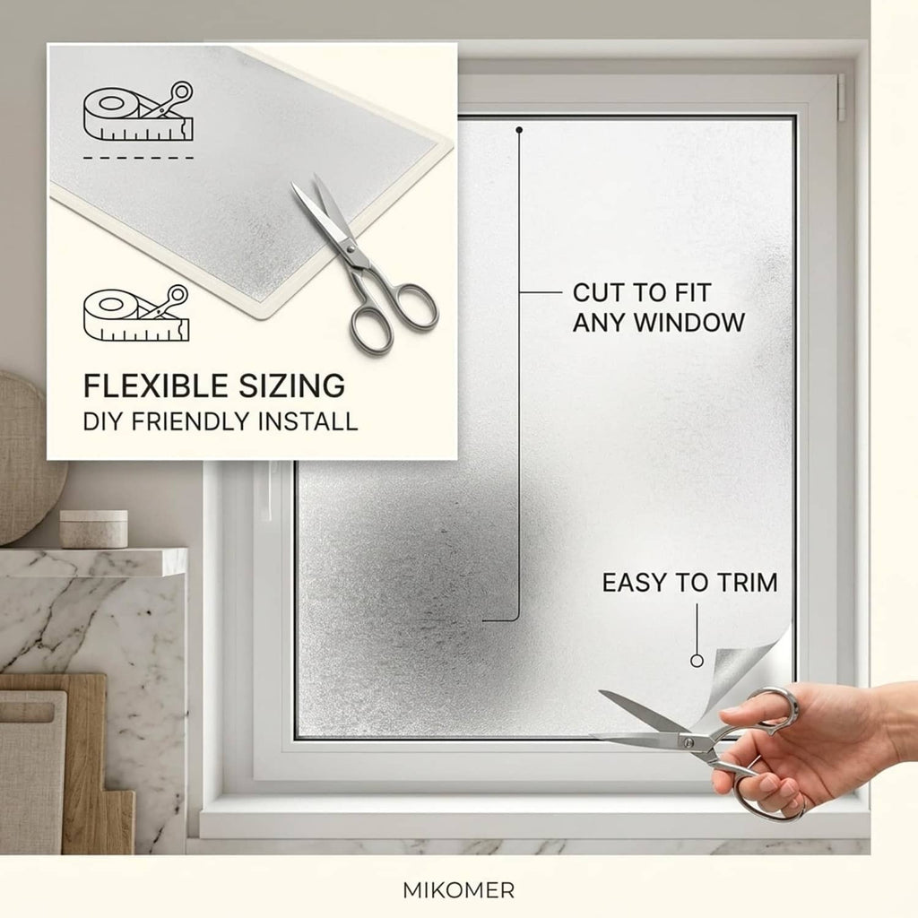 Privacy window film sheet with frosted crystal texture, shown for DIY cutting and trimming