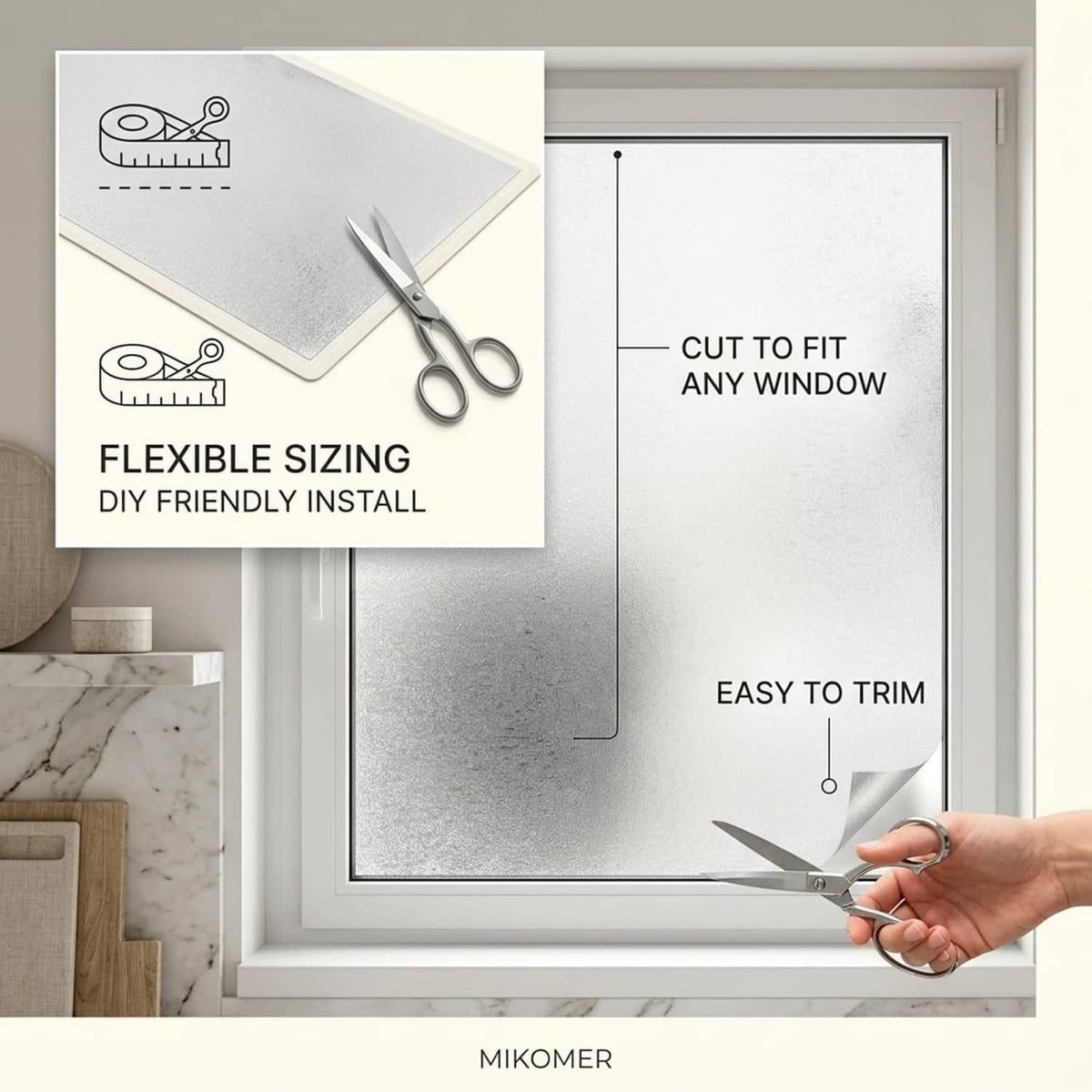 Privacy window film sheet with frosted crystal texture, shown for DIY cutting and trimming