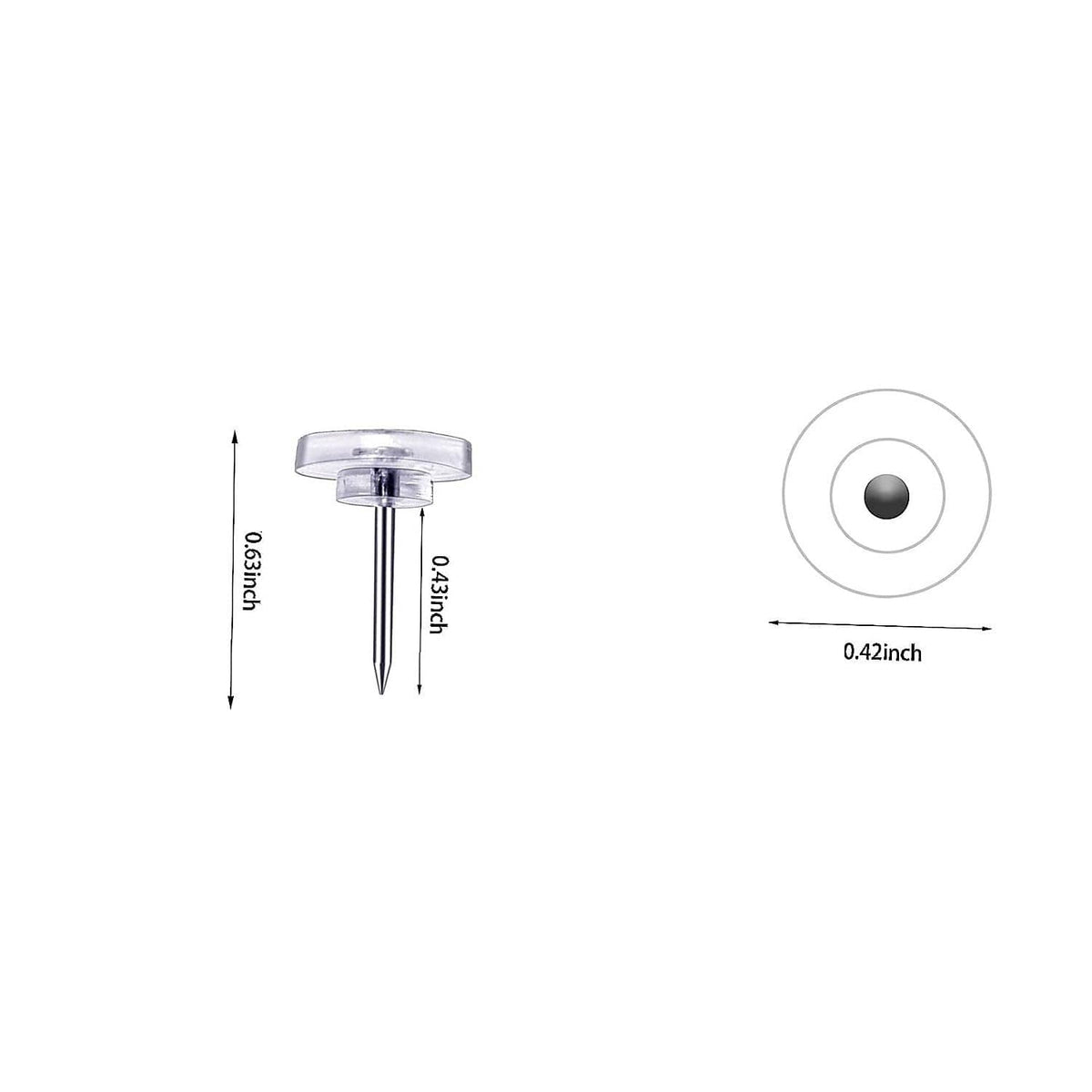 Transparent thumbtack with flat clear head and steel pin; 0.41 in length