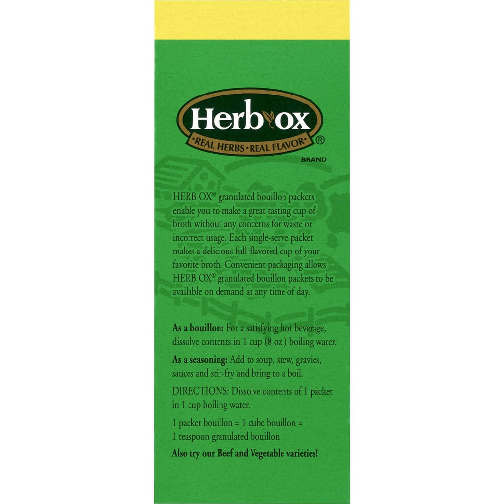 Herb-Ox sodium-free granulated chicken bouillon usage directions on back panel