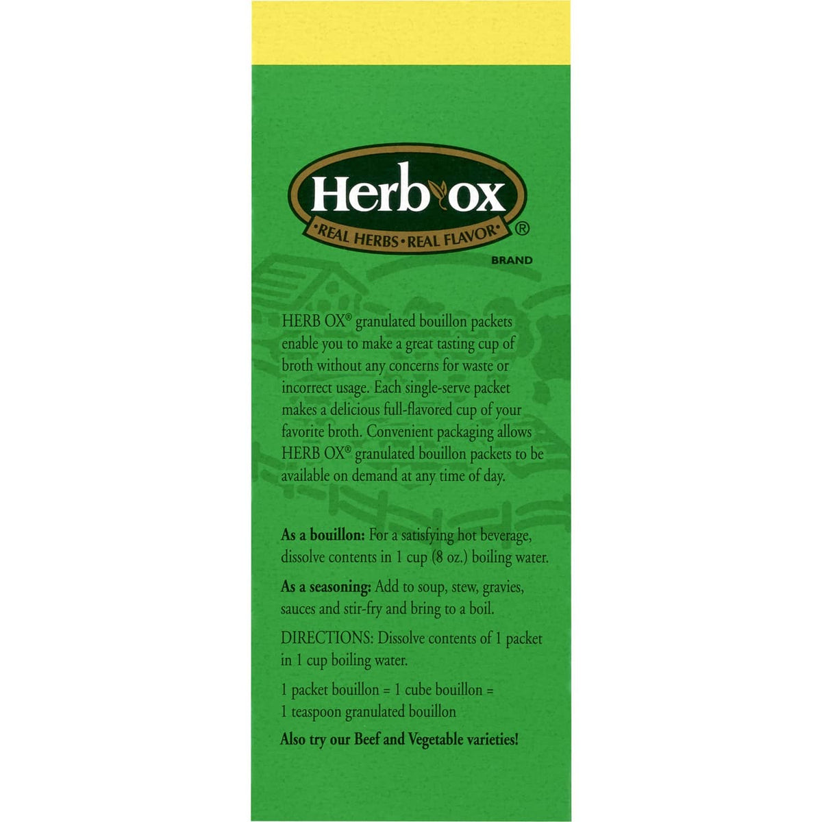 Herb-Ox sodium-free granulated chicken bouillon usage directions on back panel