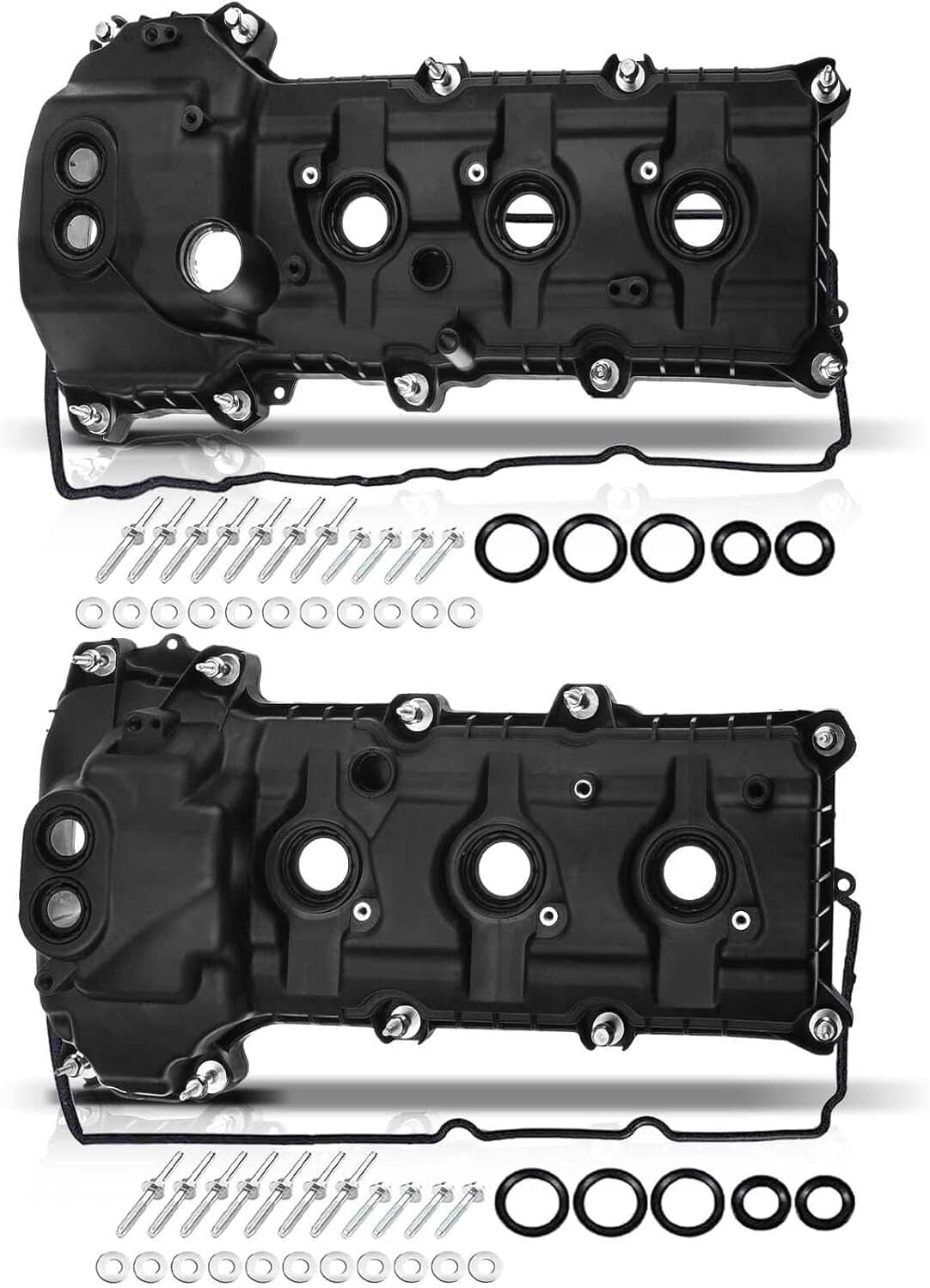 Set of black valve covers shown front and back views with mounting bolts