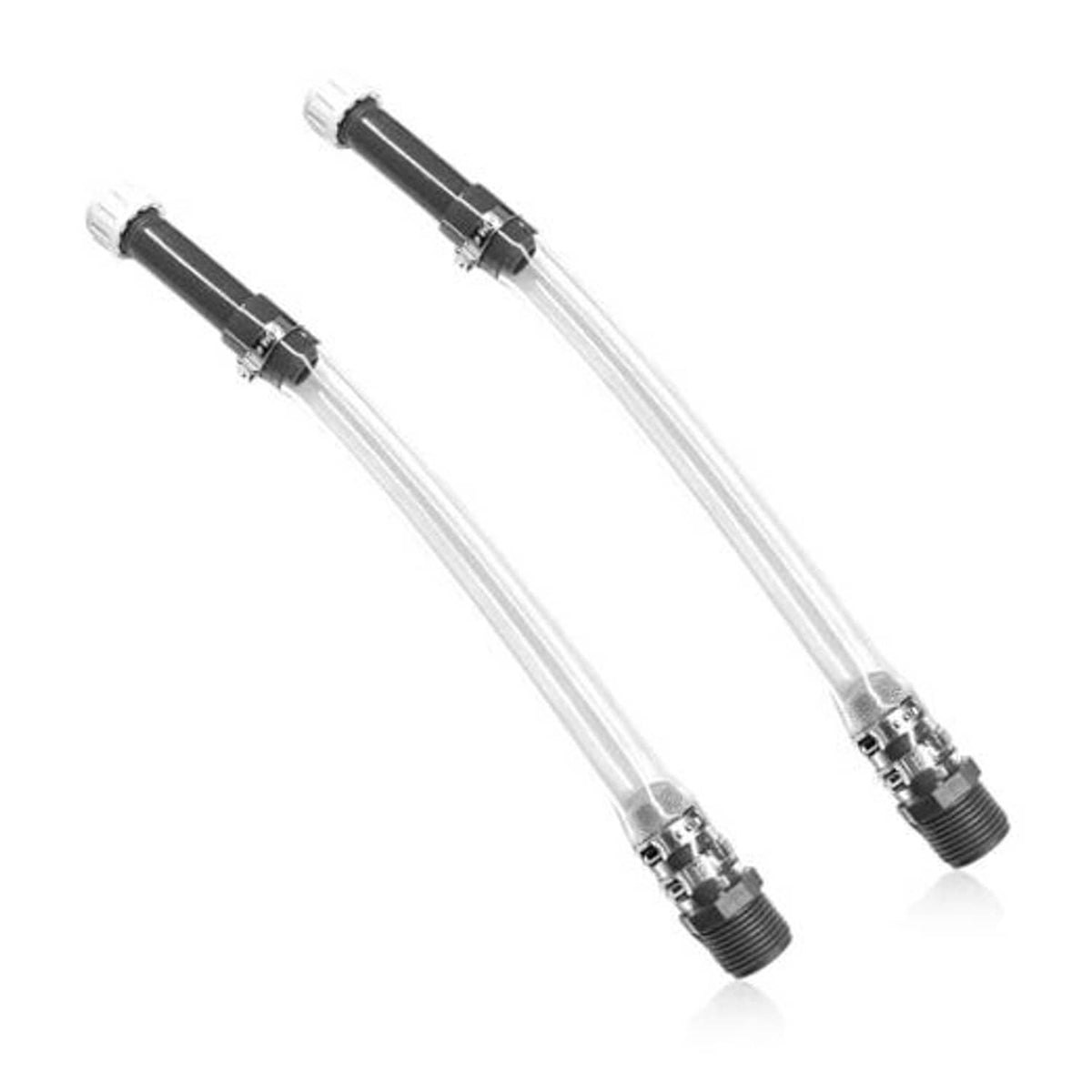 Two clear fuel filler hoses with black threaded spouts and metal fittings, 14 in