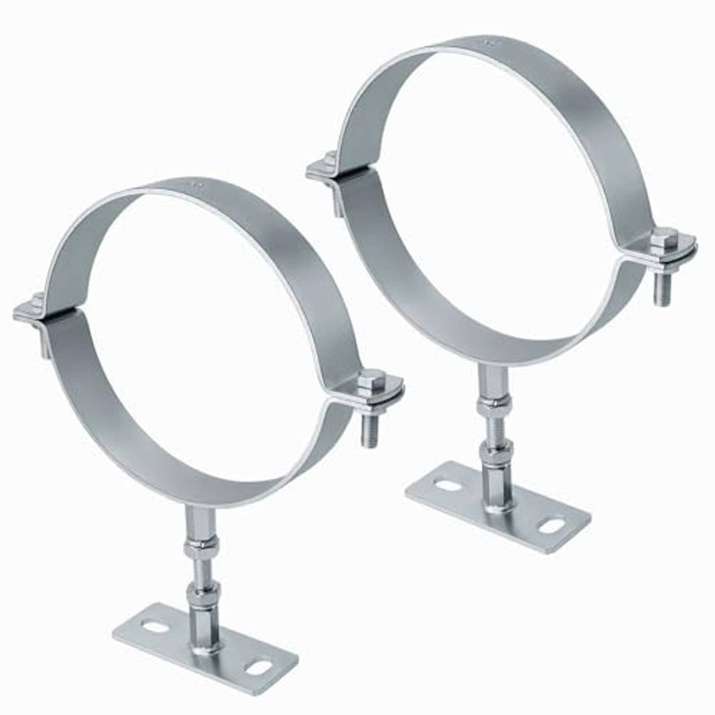 2-piece chimney pipe support brackets with split rings, threaded posts, and base plates