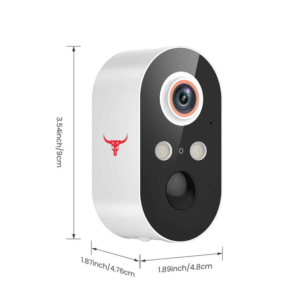 White outdoor wireless security camera with black face, lens, and size dimensions shown