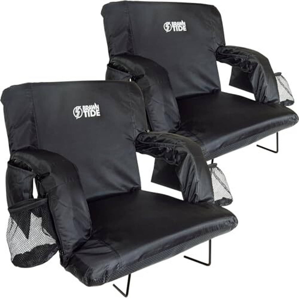Two black wide stadium seats with back support and side mesh storage pockets