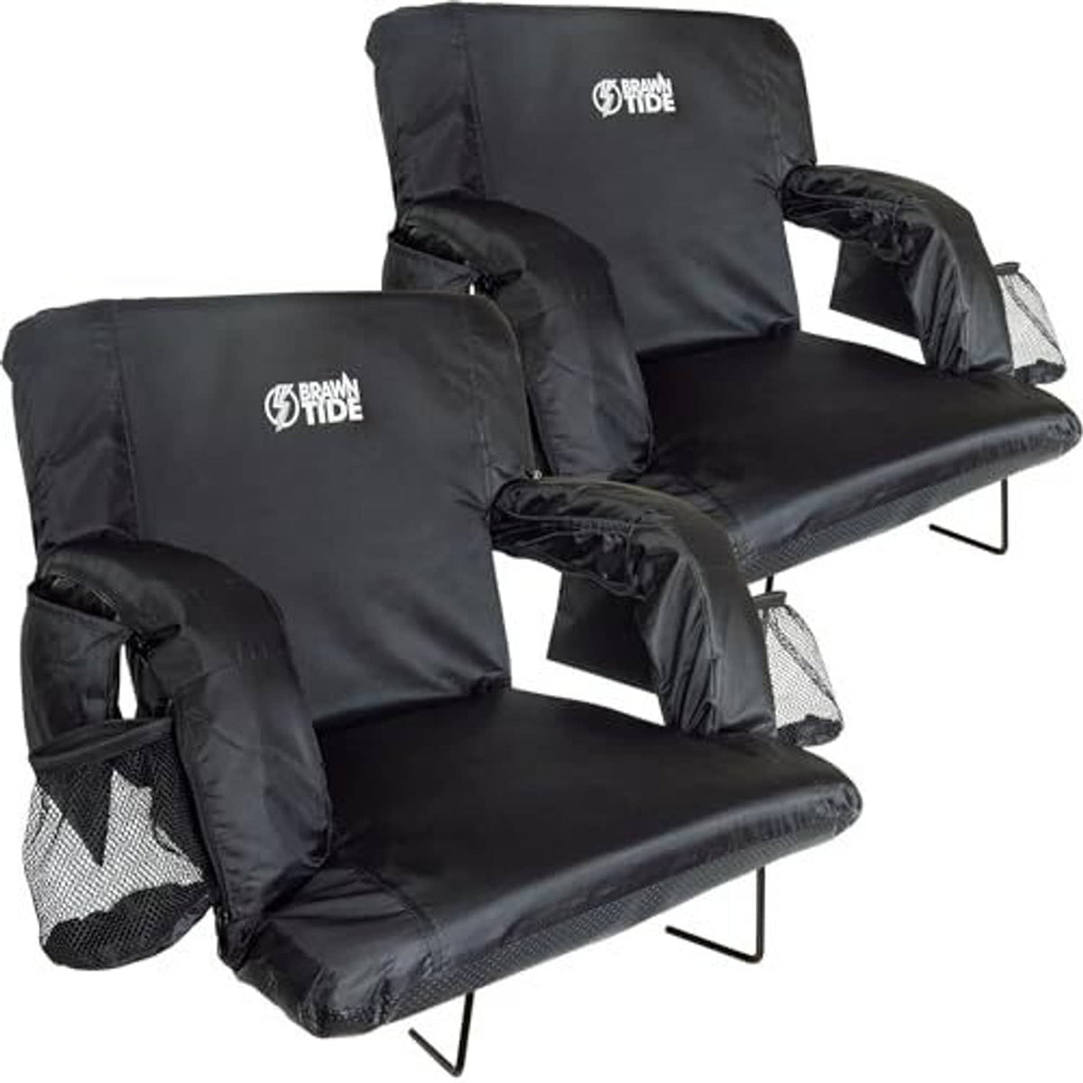Two black wide stadium seats with back support and side mesh storage pockets