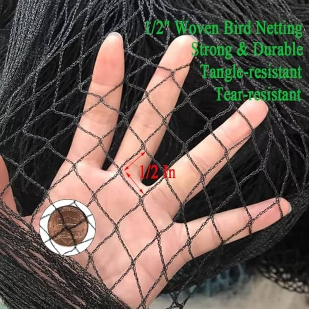 Black woven bird netting stretched over a hand, fine diamond mesh openings