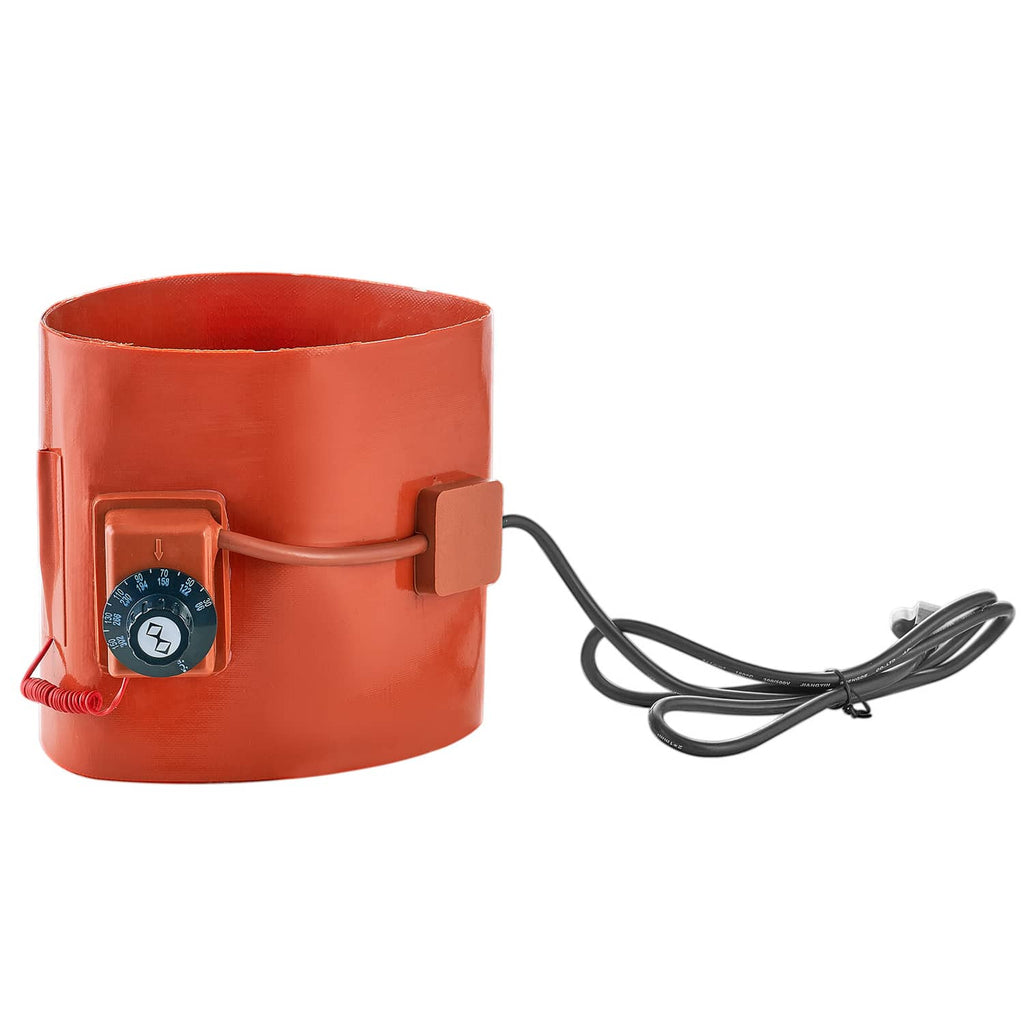 Orange drum heater band with thermostat dial and black power cord