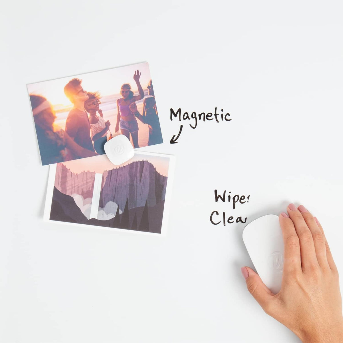 White magnetic dry erase board with magnets and wipe-clean pad