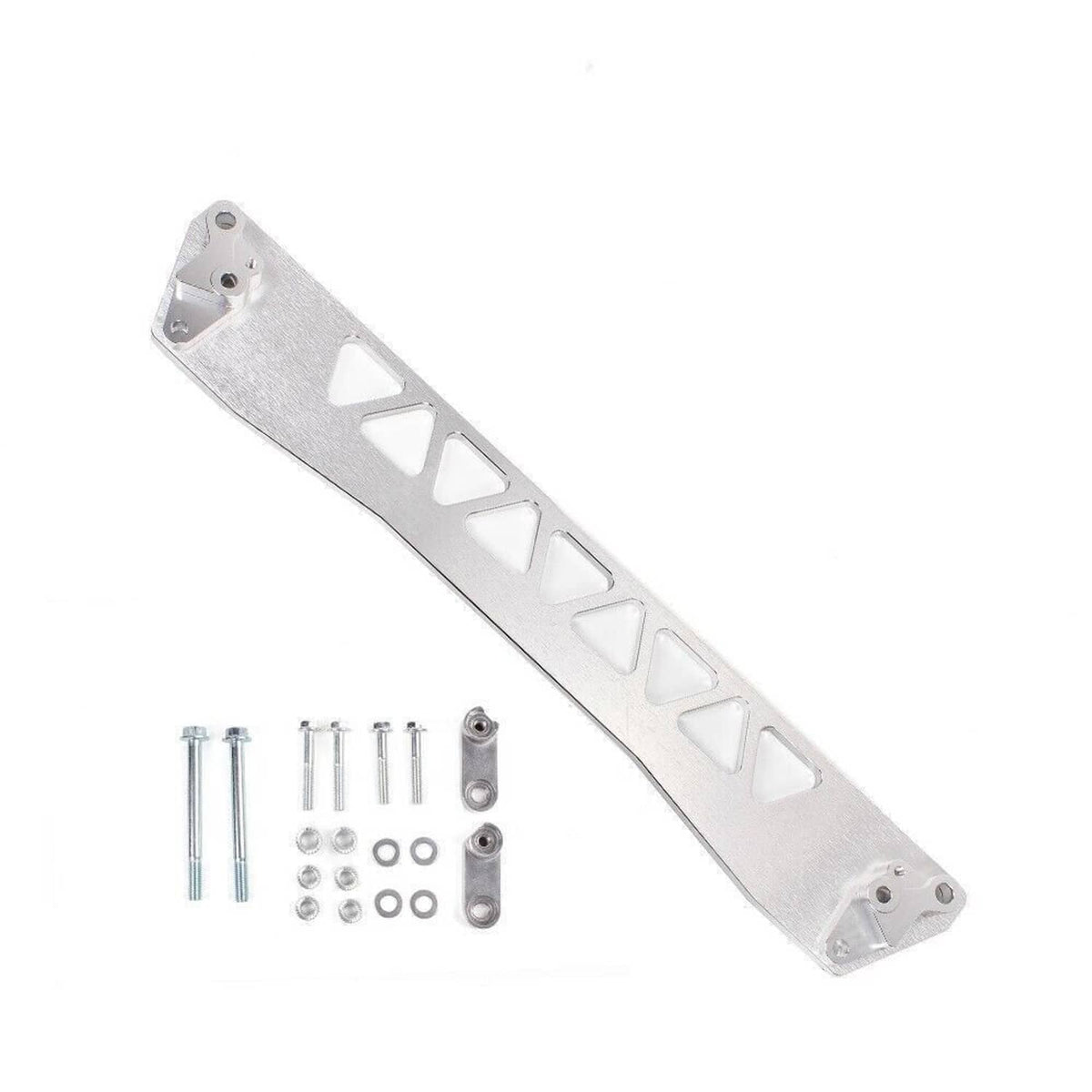 Silver rear lower control arm plate with triangular cutouts and hardware screws