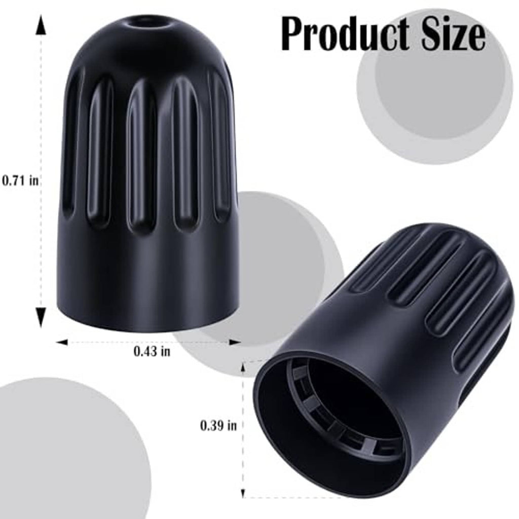 Black TPMS long-stem tire valve cap pair showing ribbed profile and open end