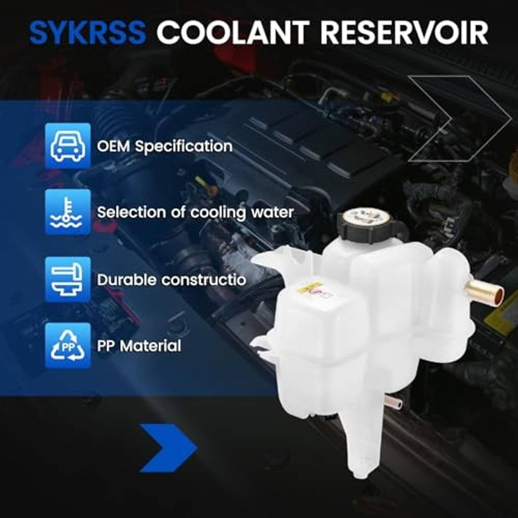 White coolant reservoir tank with black cap and brass outlet, with OEM feature icons