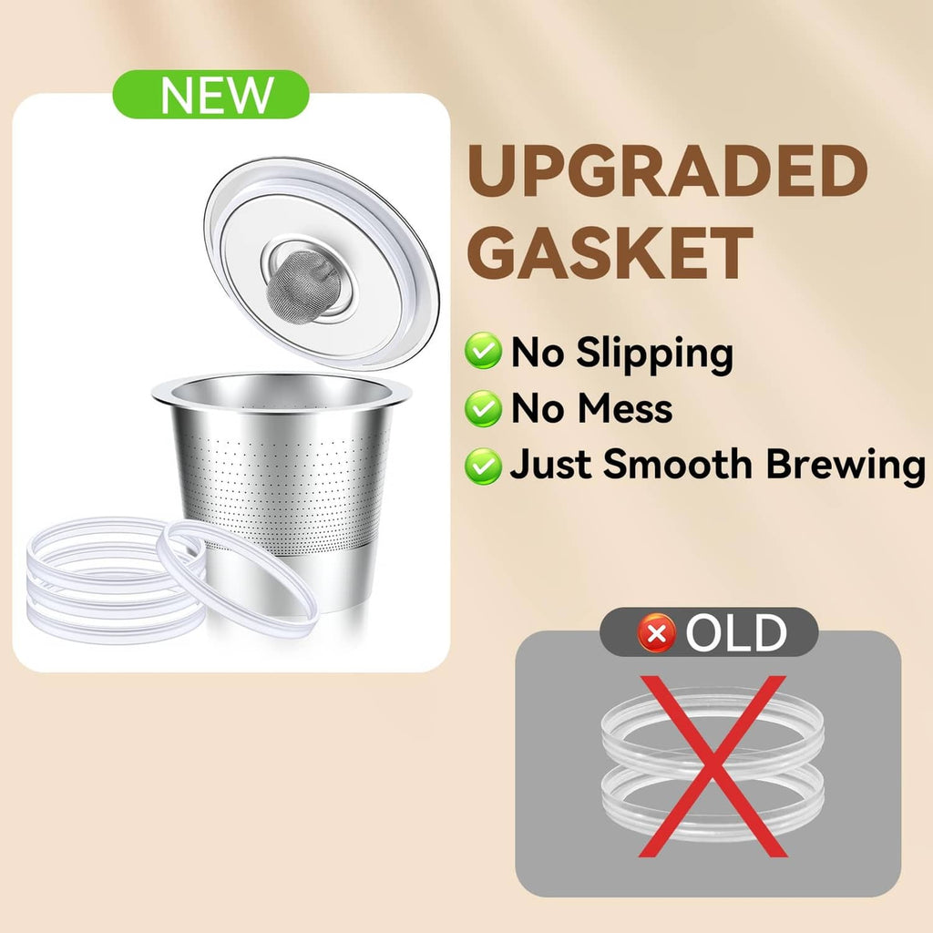 Upgraded white gasket ring for reusable K cups, shown fitting over a metal pod lid