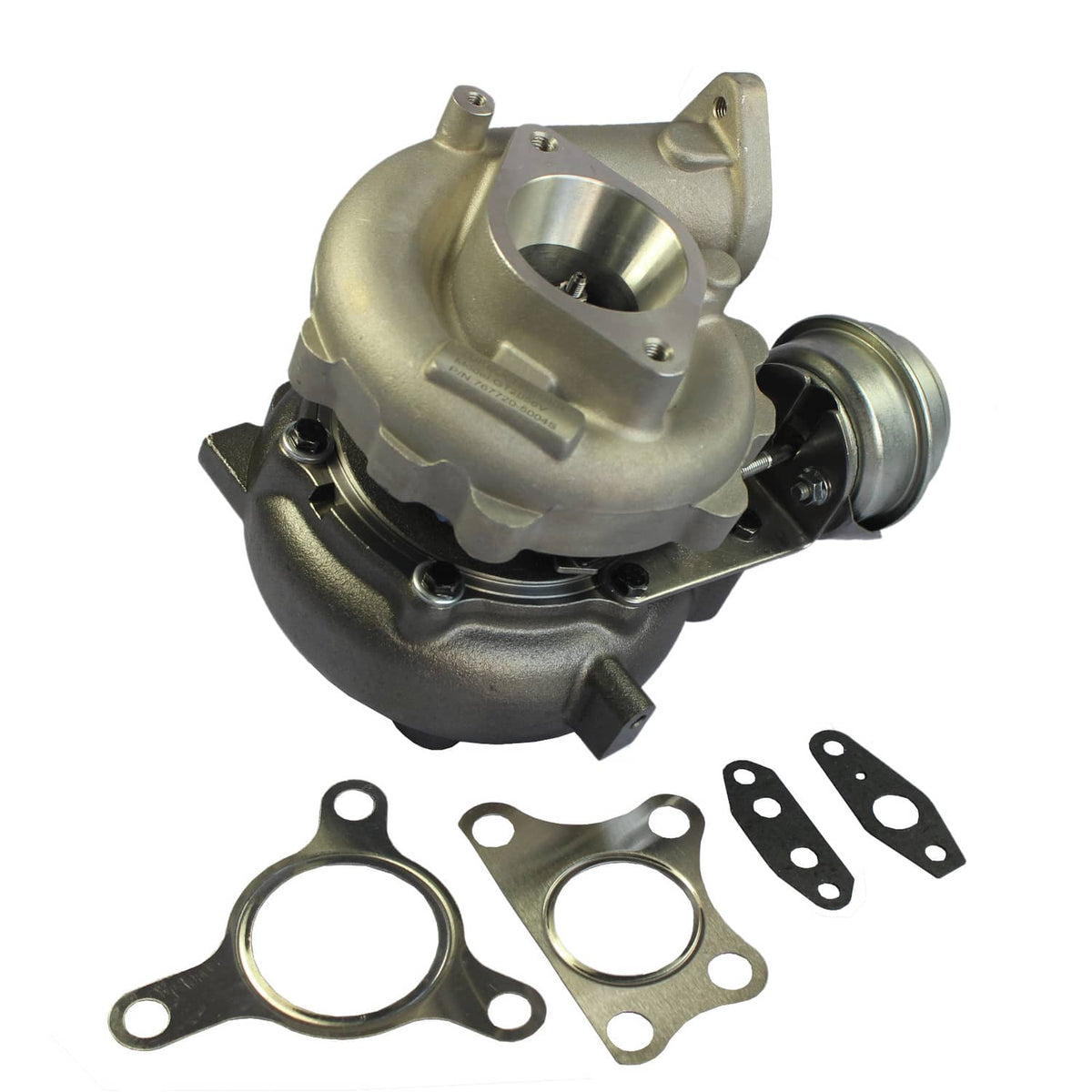 Turbocharger with metal housing and multiple mounting flanges and gaskets