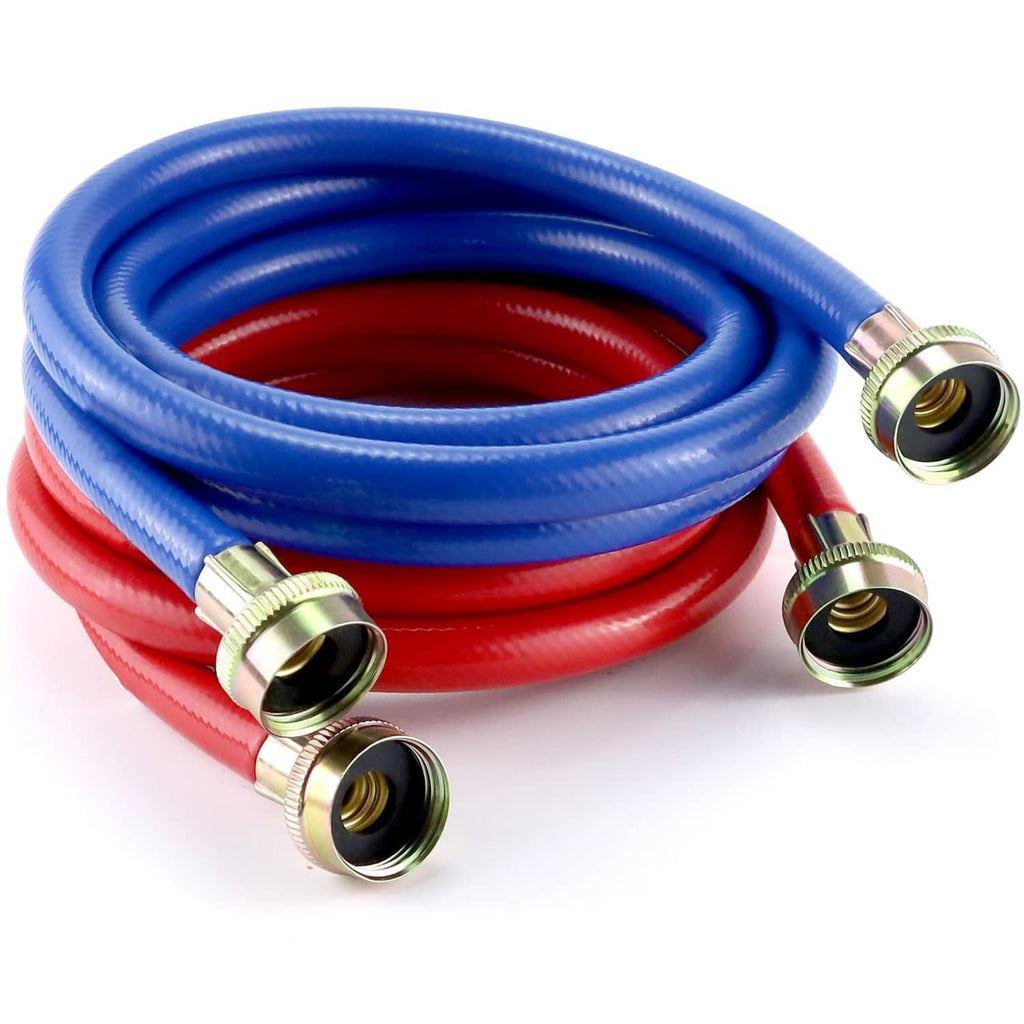 Washer water hose set with coiled blue and red rubber lines and brass threaded ends