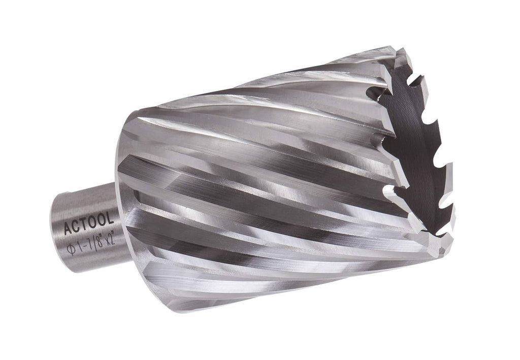 HSS annular cutter, silver fluted body with serrated teeth, 1-7/8 in diameter
