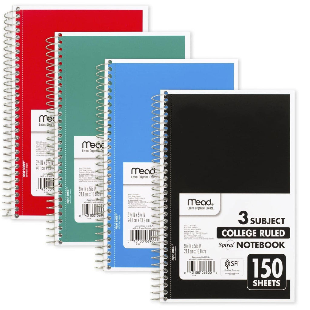 Set of 3-subject spiral notebooks in red, teal, blue, and black with college-ruled paper