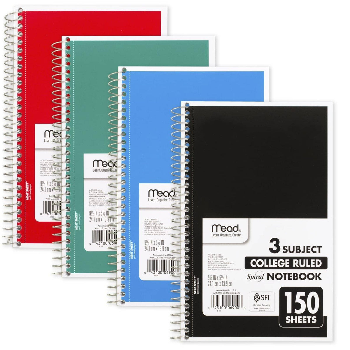 Set of 3-subject spiral notebooks in red, teal, blue, and black with college-ruled paper