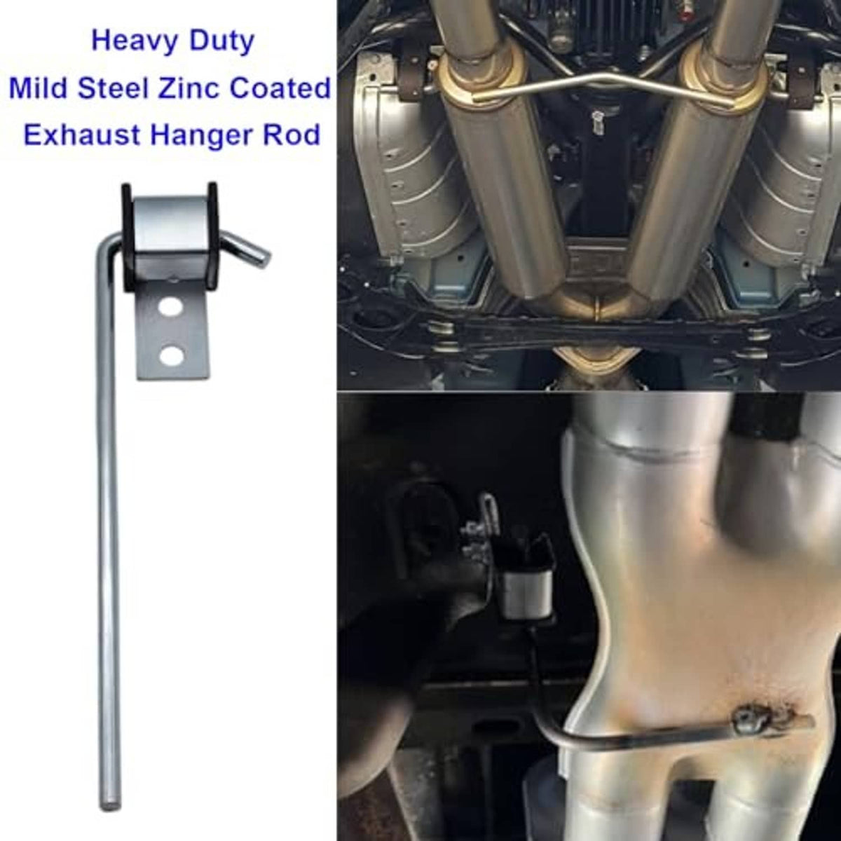 Exhaust hanger rod with metal bracket and black EPDM rubber insulator