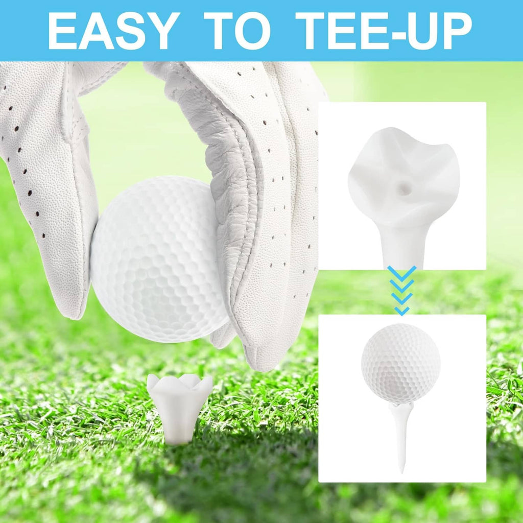 White plastic golf tee with textured head, held near white golf glove