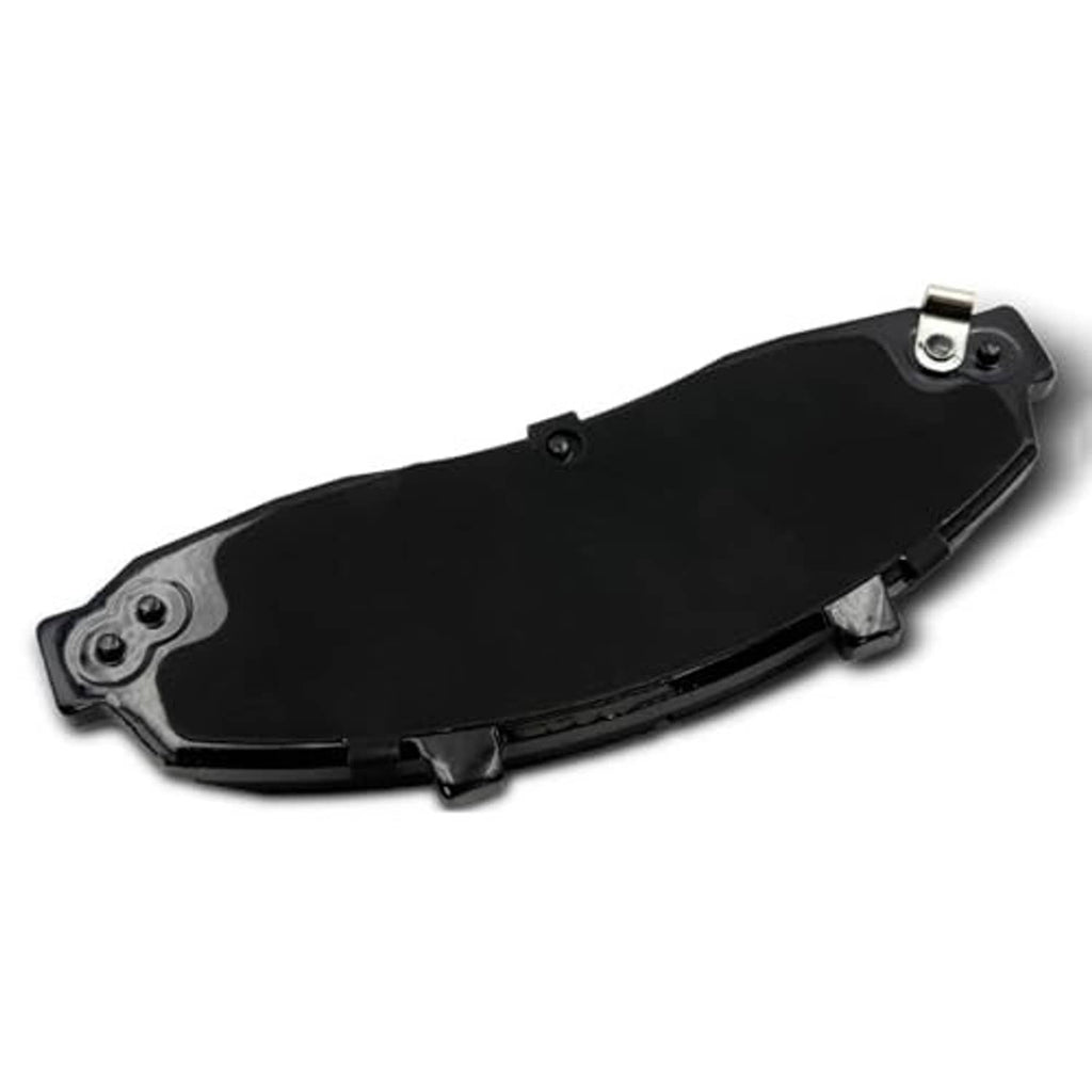 Ceramic brake pad backing with mounting hardware, black surface and metal clips.