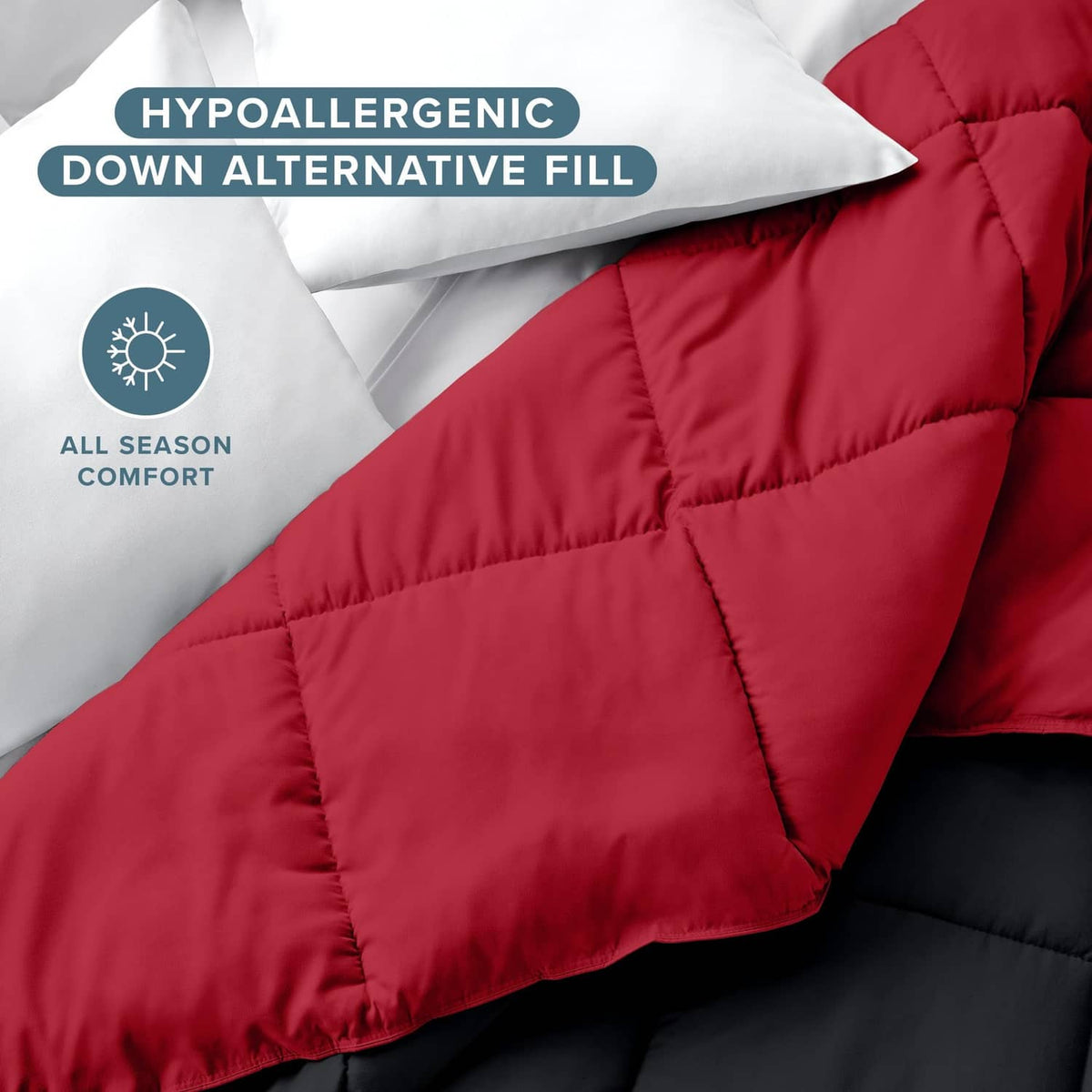 Reversible comforter corner, red quilted top over dark backing with baffle seams.
